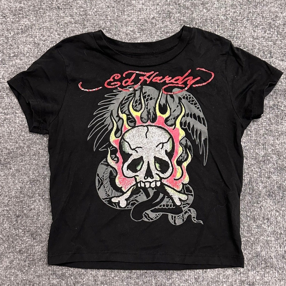 Ed Hardy Baby Tee Womens Size S Black Skull Dragon Graphic Y2K EHW1104 Tee